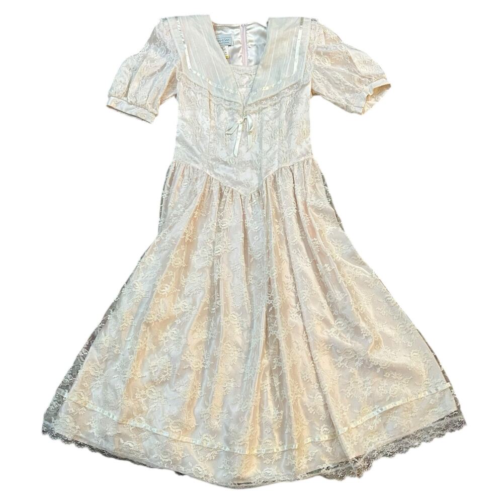 Vtg Gunne Sax Lace Midi Dress Size 11 Peach Pink Fairy Prairie Victorian Cottage